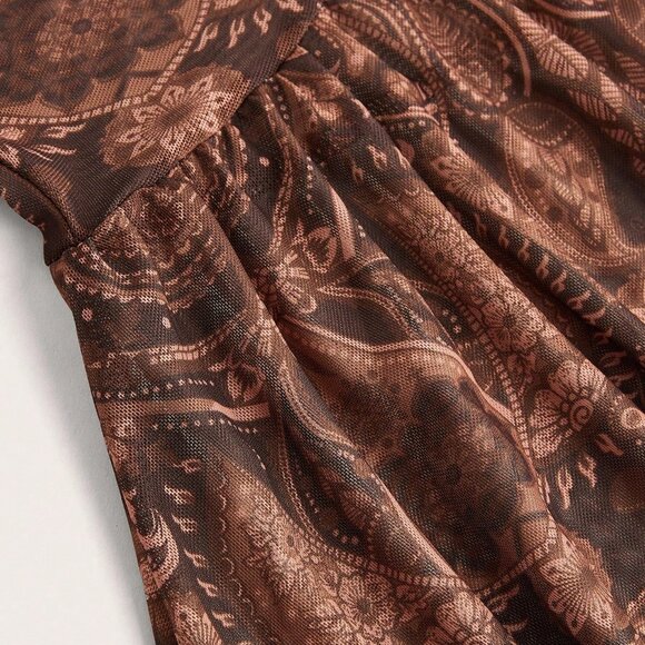 Coffee Brown Boho Women's Vacation Paisley Print Tie Front Ruffle Hem Shirt top - Picture 9 of 9